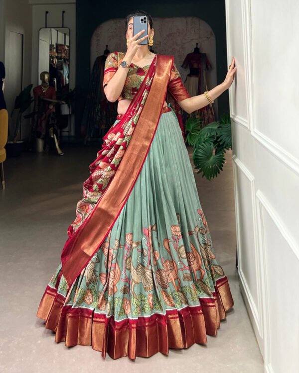 Sea Green Color Jacquard Dola Silk Printed Lehenga Choli