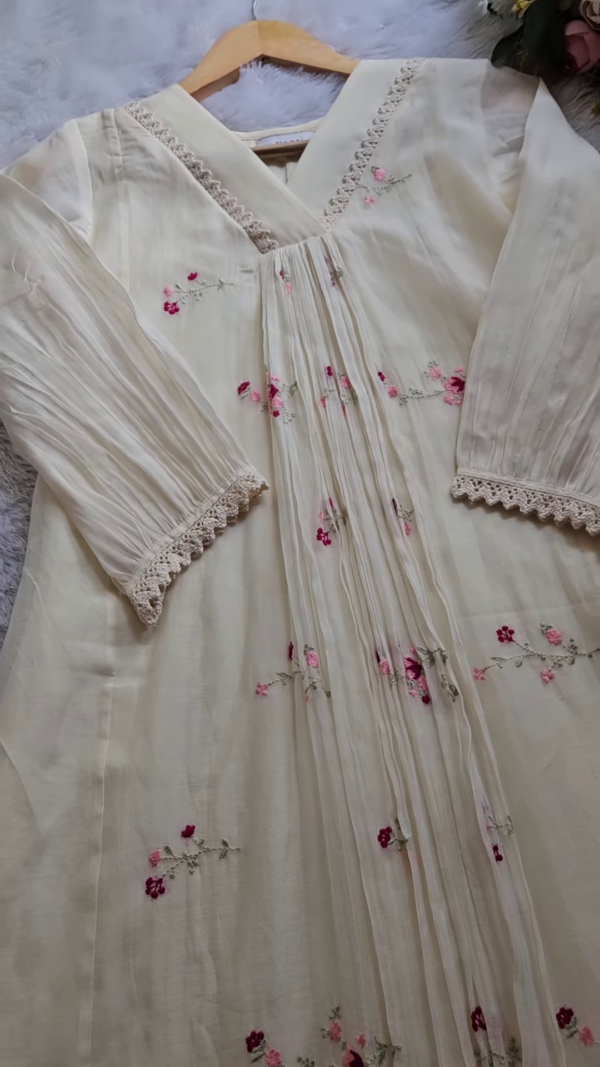 Cream Pleated Embroidered Unstitched Suit Fabric