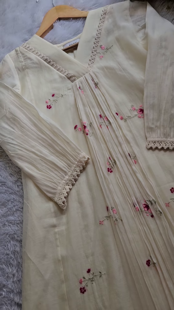 Cream Pleated Embroidered Unstitched Suit Fabric - Image 2
