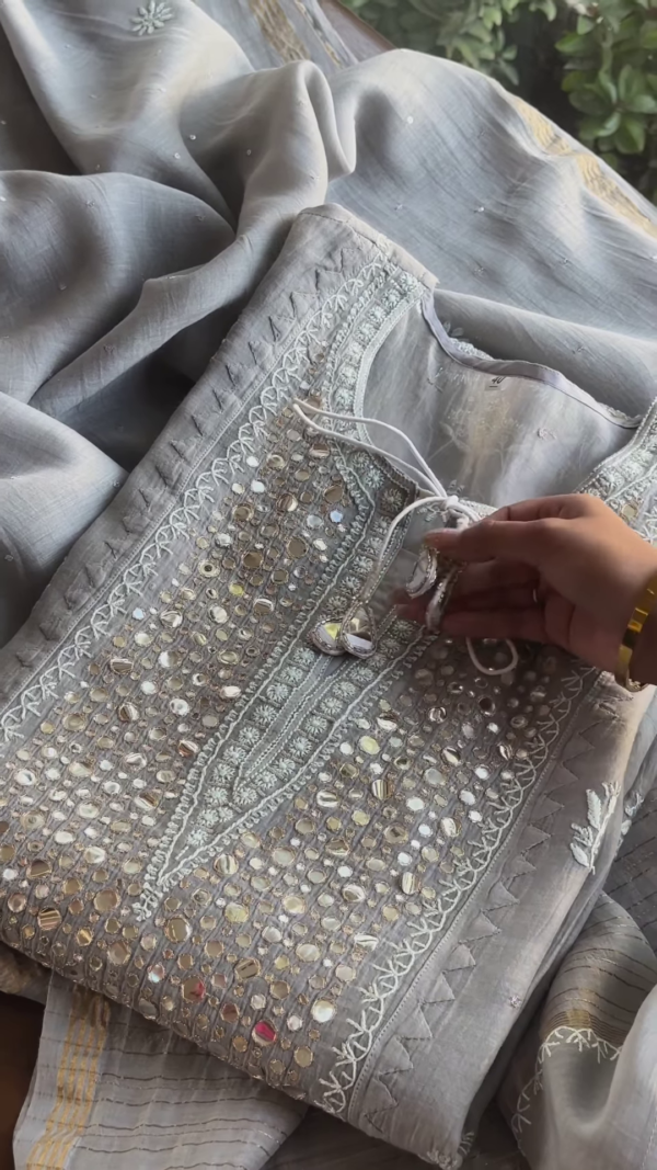 Grey Mirror Work Chikankari Unstitched Suit Set - Image 2