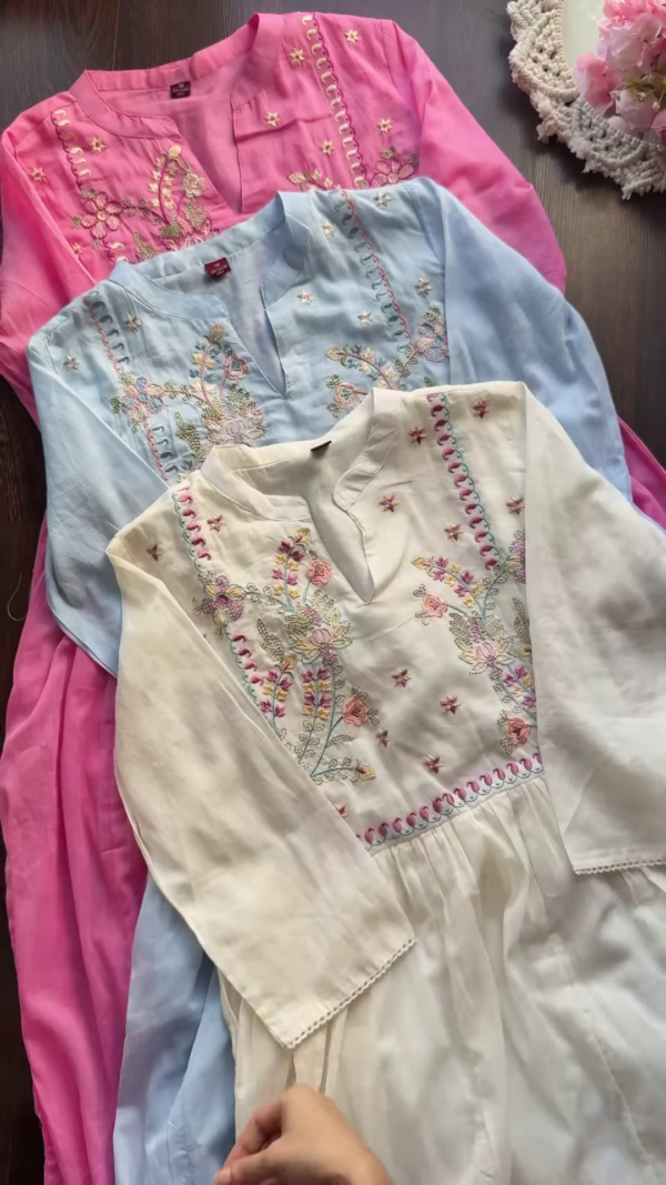 Pastel Embroidered Cotton Kurta Trio - Image 3